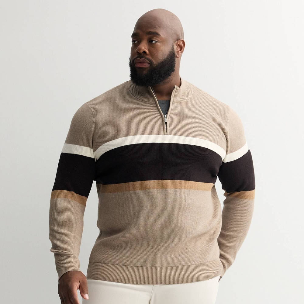 Sonoma Goods for Life Mens Quarter Zip Colorblock Ribbed Sweater Tan Brown